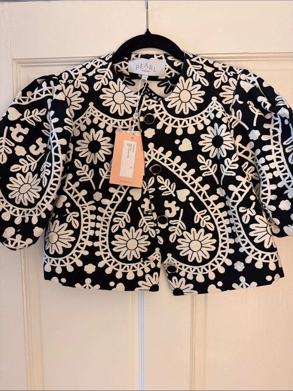Pearl Black & White Embroidered Floral Cropped Jacket